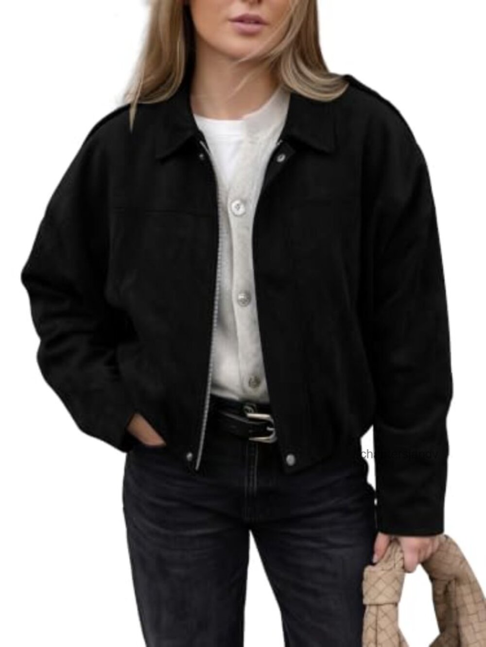 Faux Suede Cropped Bomber Jacket Lapel Collar Zip Up Oversized Casual